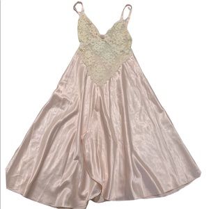 Pink Satin Floral Lace Vintage Lingerie Night Gown Slip Dress